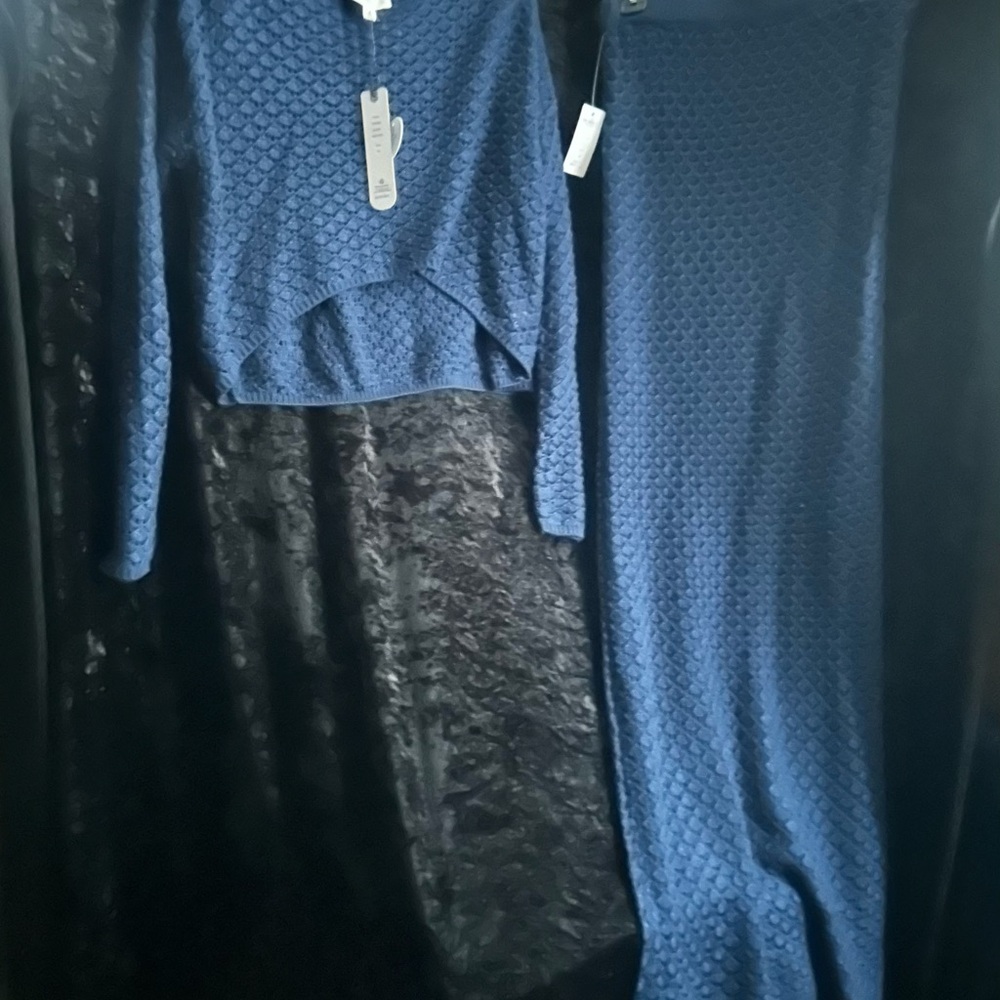 Blue Textured Knit Sweater and Skirt Set